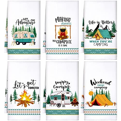 Set of 6 Camping Kitchen Towels White Absorbent Dishcloth Bonfire Tent Car Tea Towels 24 x 16 Inches with Funny Sayings Novelty Gifts for Campers Happy Camper Camping Accessories for Rv Campers