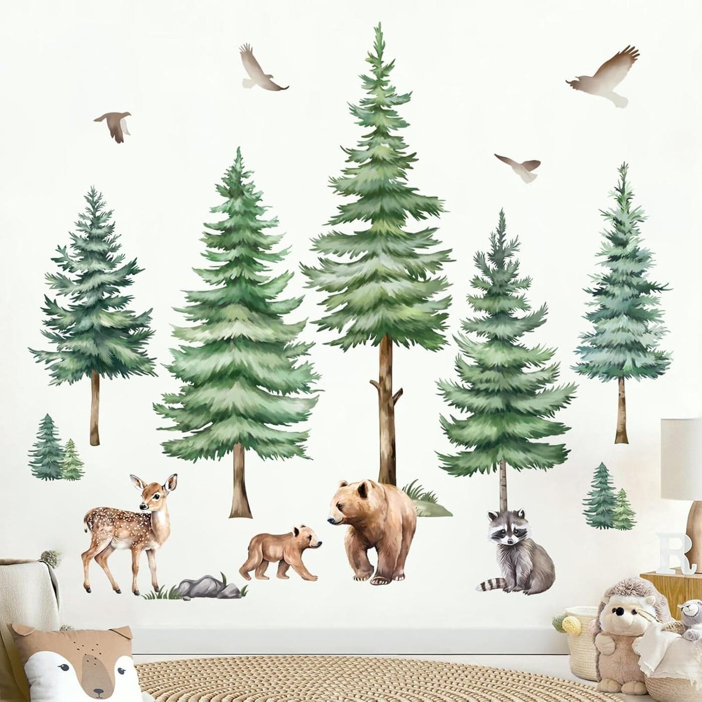 decalmile Large Pine Tree Wall Decals Woodland Animal Bear Wall Stickers Baby Nursery Kids Room Bedroom Wall Decor