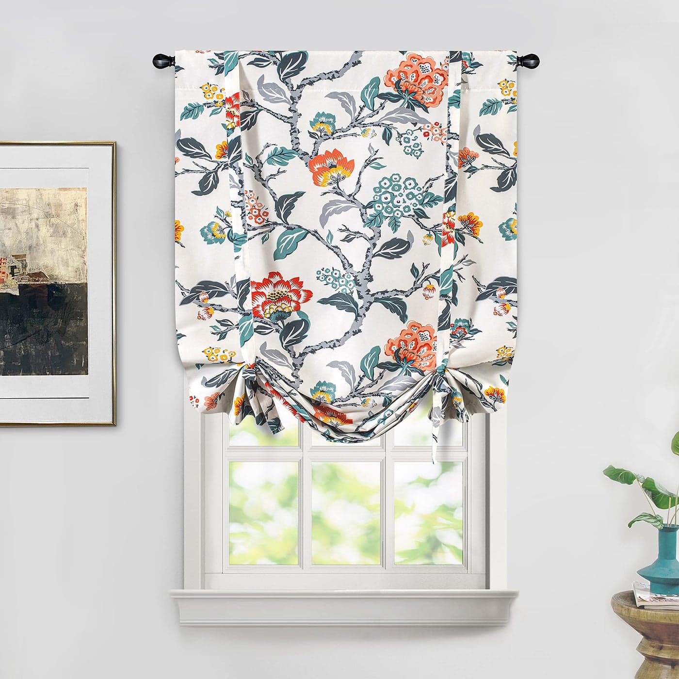 DriftAway Ada Floral Botanical Print Flower Leaf Lined Thermal Insulated Room Darkening Blackout Tie Up Window Curtains 2 Layers Each 25 Inch by 47 Inch Ivory Orange Teal