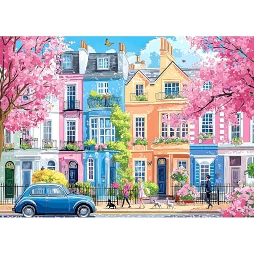 Spring Sakura Blossom Street 1000 Piece Puzzles for Adults Clearance Impossible Challenge Art Jigsaw Puzzles for Gift Birthday Party Games Family 275X197 Inch Dust Free Puzzle