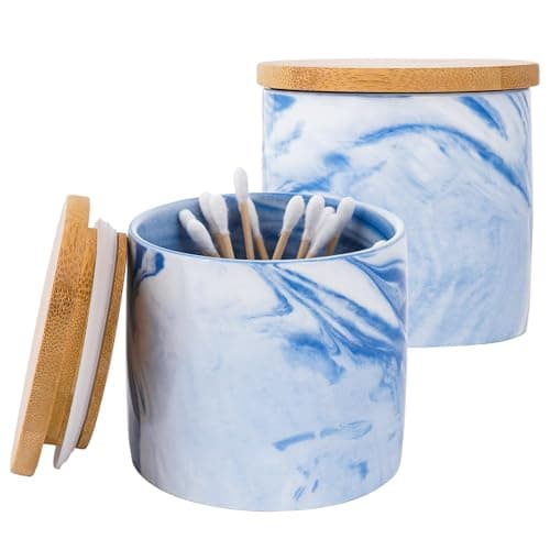 Biiange Blue Qtips Dispenser Marble Cotton Ball Holder Bathroom Storage Jars for Storage Cotton Swab Round Pads Floss Picks 2Pcs