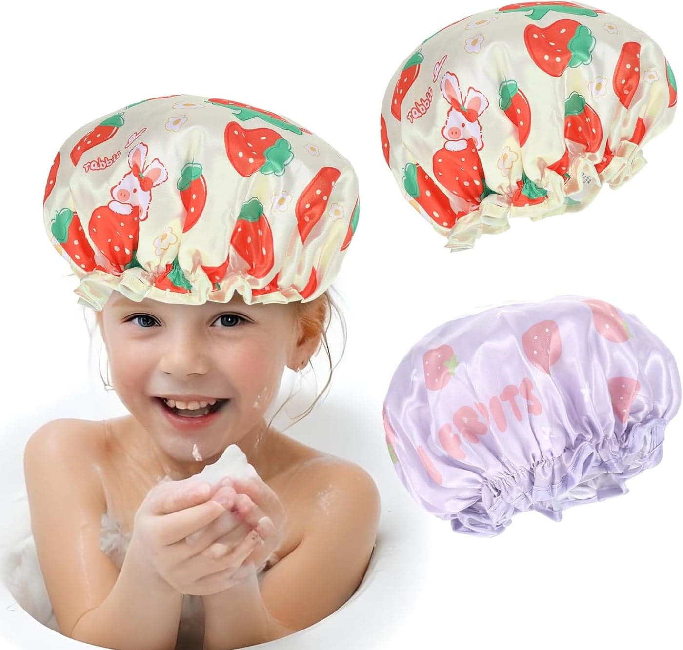 2 Pack Kids Shower Cap Double Layer Waterproof Toddler Shower Cap with Strawberry Bunny Pattern Reusable Soft Kids Bonnets for Girls Cleaning Sleeping Drawing