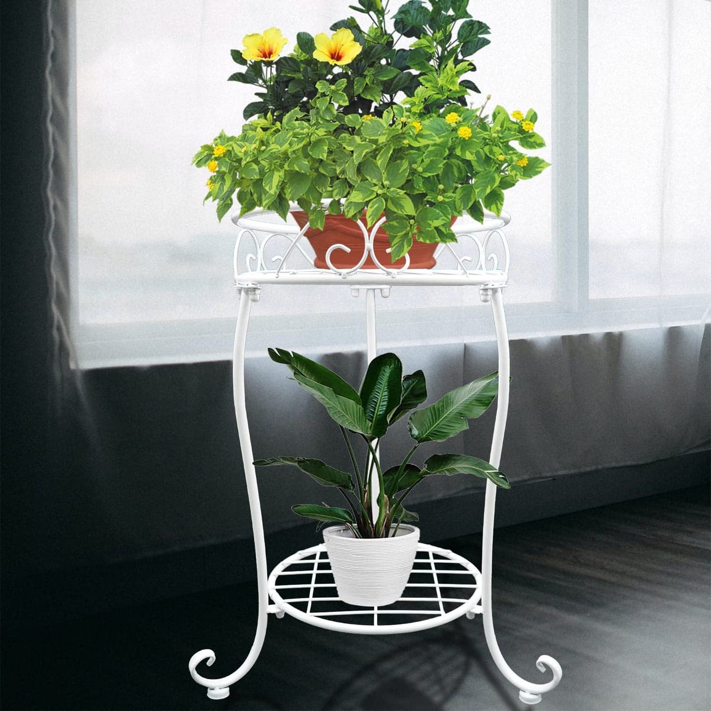 NAKUPE White Metal Plant Stand 185 inch Tall 2 Tier Potted Holder Rack Heavy Duty Flower Pot Shelf for Indoor Outdoor Patio Balcony Corner Garden