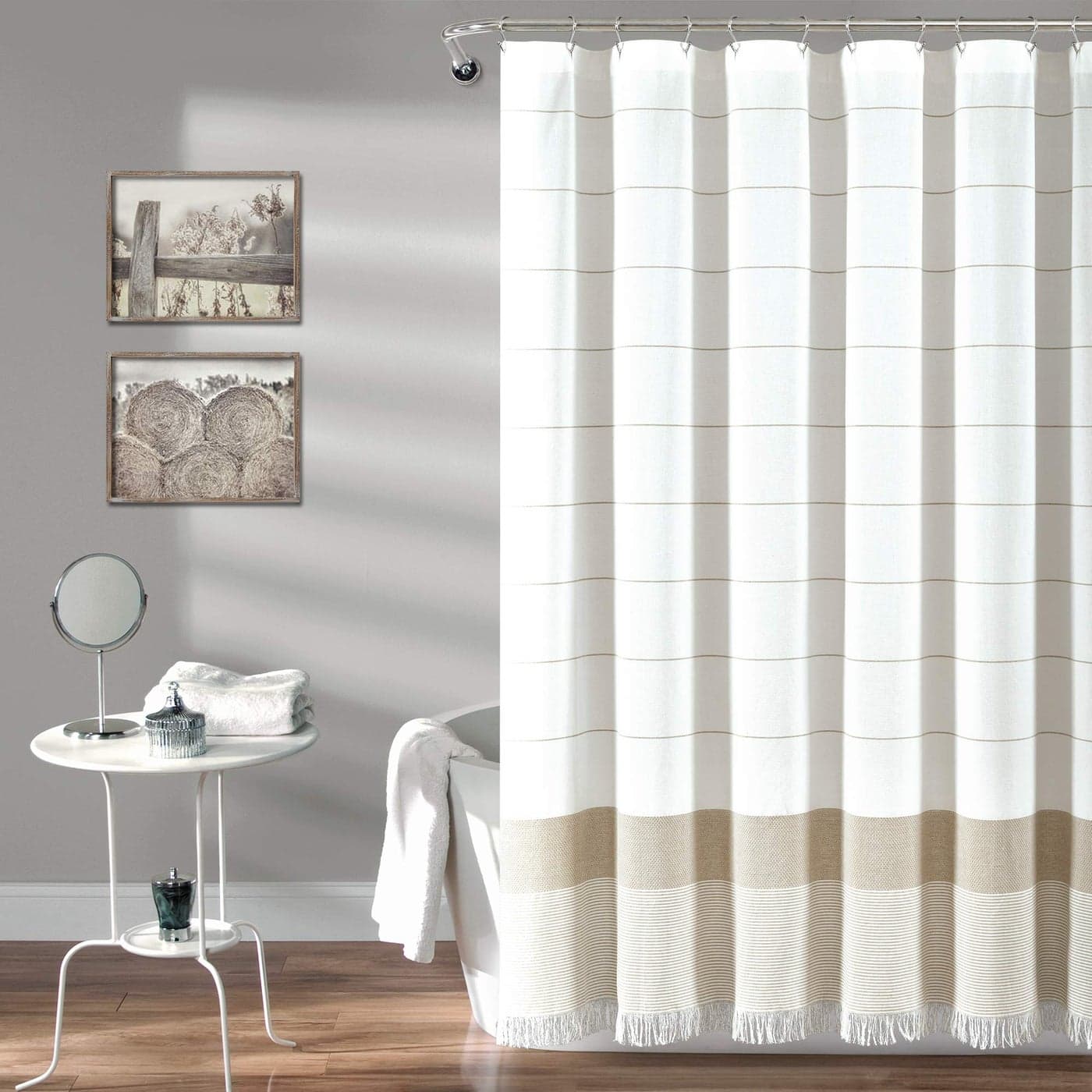 Lush Decor White Woven Cotton Shower Curtain with Taupe Stripe and Tassel Fringe Bathroom Accessories 72 x 72