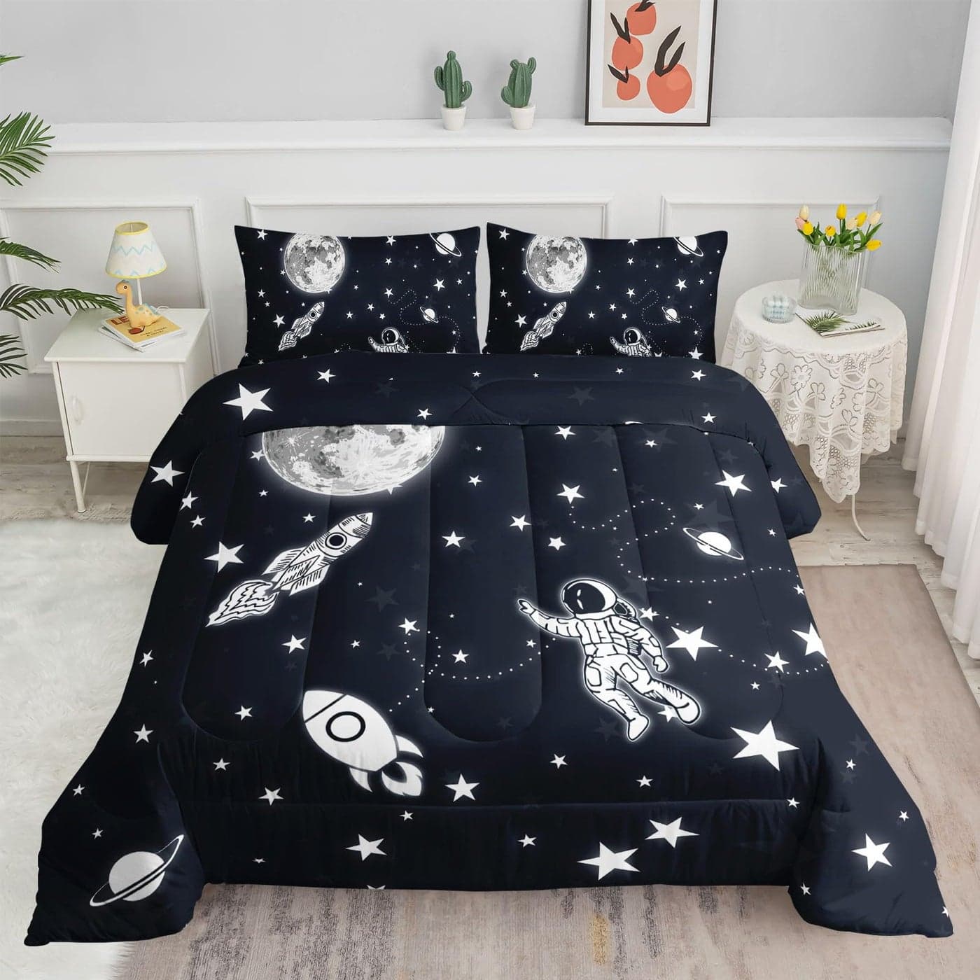 Datura home Kids Comforter Set Astronaut Space Rocket Printed Pattern Quilt Bedding Set with 1 Comforter and 2 Pillowcases for Girls Bedroom All SeasonSpace Rocket Twin Twin 68x86inches