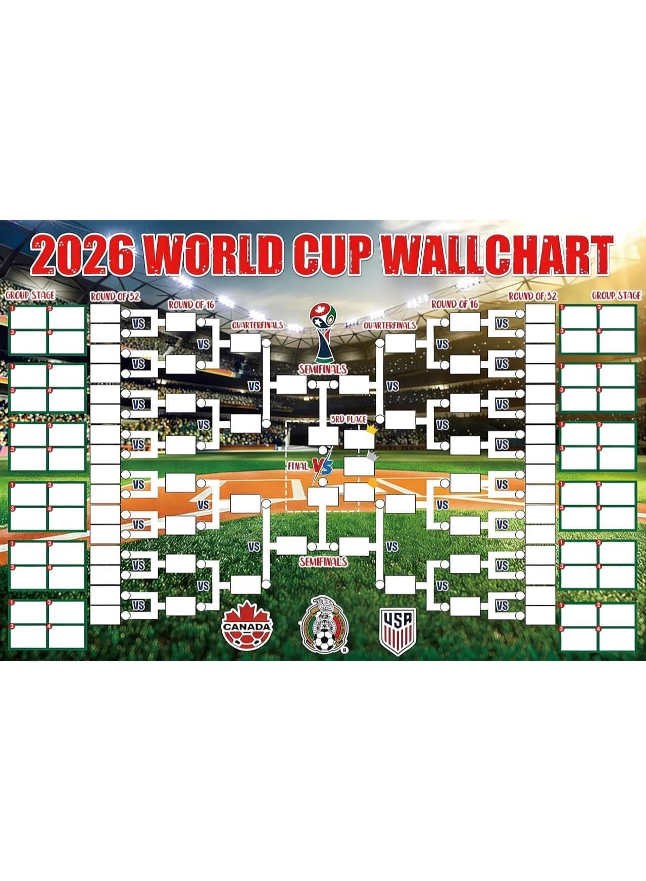 World Cup 2026 Schedule Poster, 90 x 60CM Wall Chart 2026 with 48-Team Bracket Poster, Champion 2026 Merchandise for Soccer Fans Party Decorations, Gift for Football Lovers