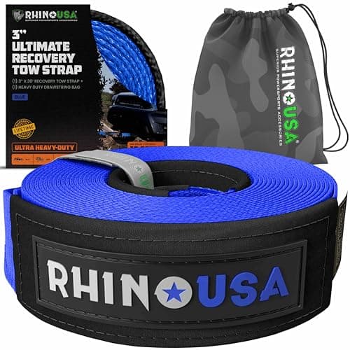 Rhino USA Recovery Tow Strap (3"x30') - 31,518lb Break Strength- Emergency Recovery Strap Tow Rope for Truck, UTV, ATV & More- Heavy Duty Towing Strap for Offroad 4x4 Use - Compatible with Jeep (Blue)