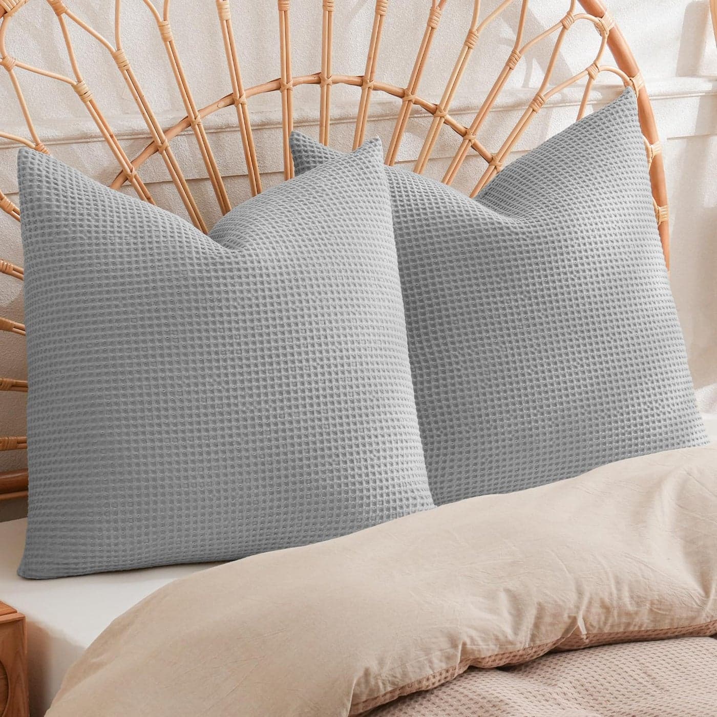 PHF 100 Cotton Waffle Weave Throw Pillow Cover 24 x 24 No Filling 2 Pack Elegant Home Decorative Square Throw Pillow Covers for Bed Couch Sofa Light Grey