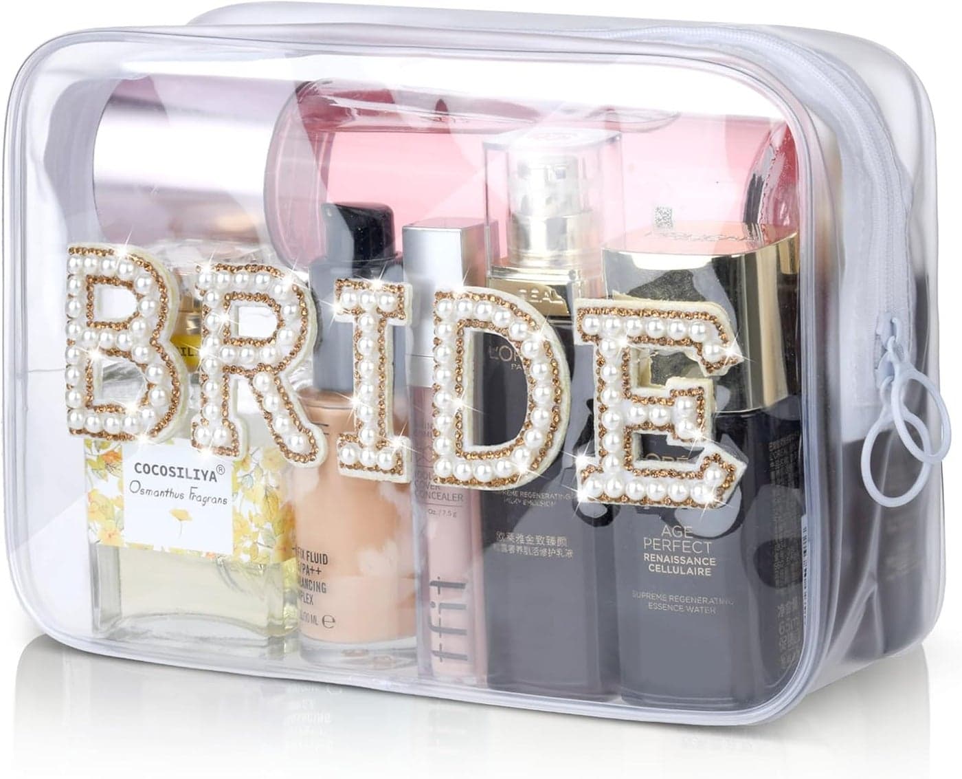 Etercycle Bride Clear Makeup Bag, Bridal Shower Gifts Engagement Cosmetic Bag, Bling Pearl Rhinestone Letter Patches Waterproof PVC Travel Organizer for Women Wedding Bachelorette Party (Gold)