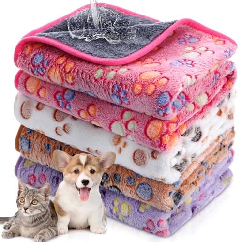 Hestya 4pcs Waterproof Dog Puppy Pads Soft Cat Blanket Dog Sleeping Mat Absorbent Pet Blanket Paw Pattern Warm Pads Fleece Puppy Potty Training Pads Reusable Food Bowl (30 x 21 inch)