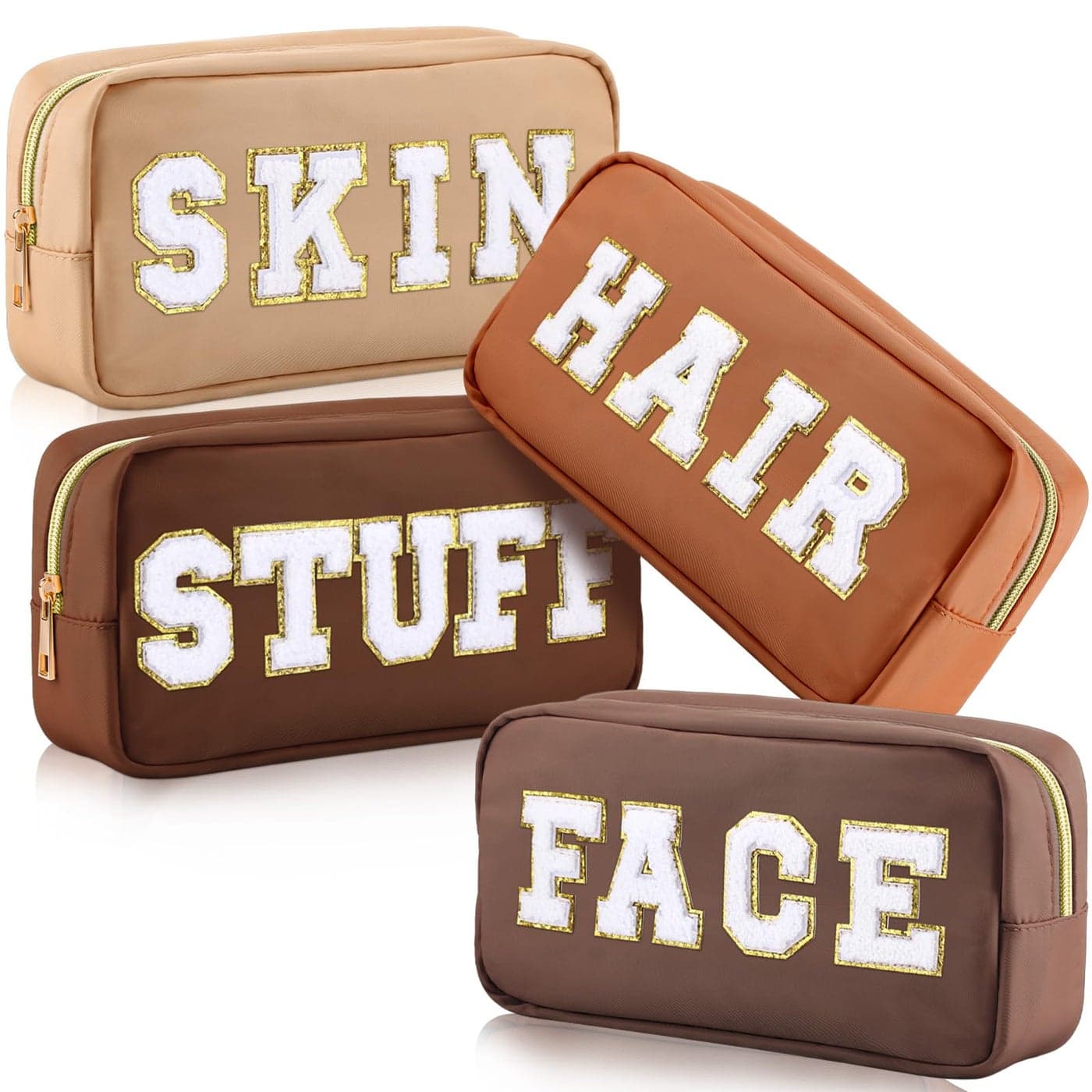 Remerry 4 Pcs Travel Toiletry Bags for Women Nylon Makeup Bag Organizer Cosmetic Chenille Letter Pouch Zipper Preppy Waterproof Hair Pouch Christmas Gift Brown Series