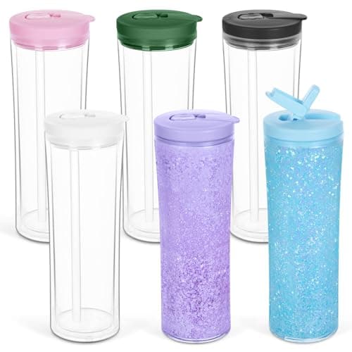 6 Pack 20 Oz Acrylic Snow Globe Tumbler, Duoble Wall Plastic Snowglobe Water Bottle with Pre-Drilled Hole, Leak-Proof Snow Globe Cup for Glitter, Mixed Color