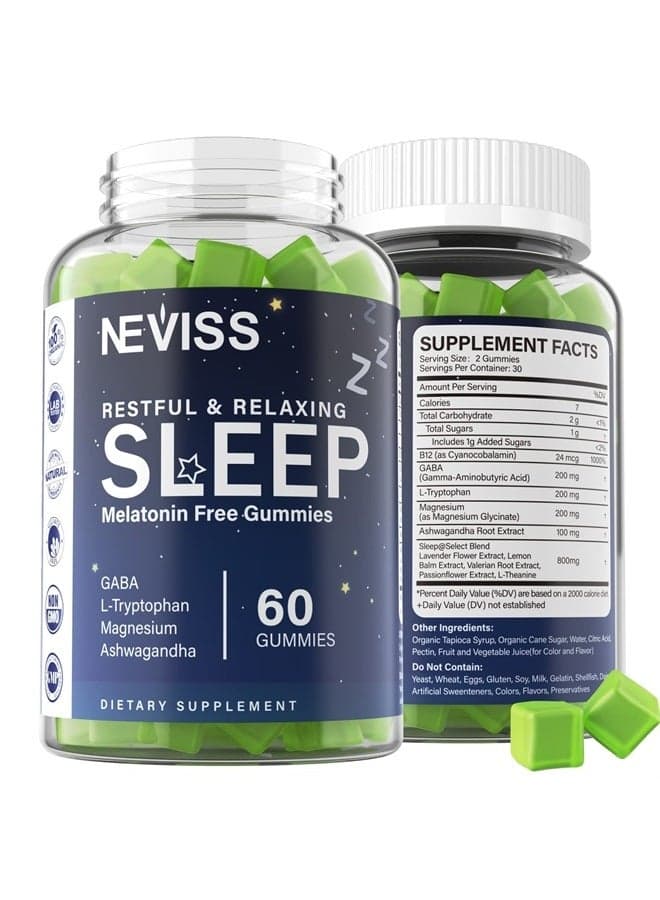 Melatonin Free Sleep Aid Gummies for Adults - GABA, L-Tryptophan, Magnesium, Ashwagandha - Non-Habit Forming, Help for Deep Relaxation - Vegan, Meyer Lemon Flavor, 1Pack
