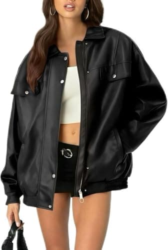 hathne Womens PU Leather Jacket Oversized Vintage Long Sleeve Motorcycle Faux Leather Blazer JacketsBlackL