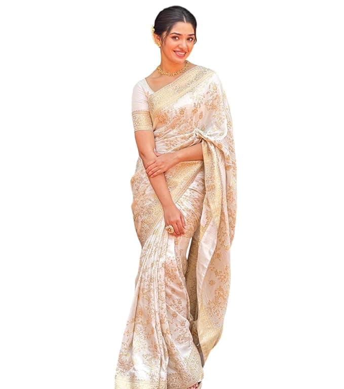 MARGI DESIGNERS Women's New Latest Kanjivaram Banarasi Soft Lichi Silk Off White Trendy Saree with Blouse