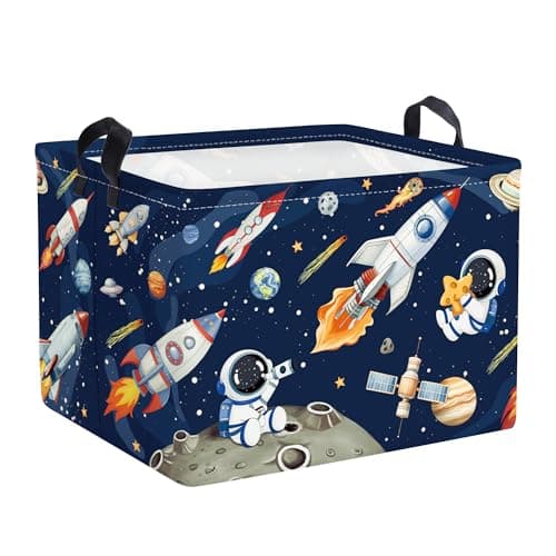 HUUMONSS Space Rockets Laundry Hamper Cartoon Astronaut Large Storage Basket Planet Collapsible Parents Organizer Boys Clothes Toy Bins for Bedroom Bathroom Blue 36L