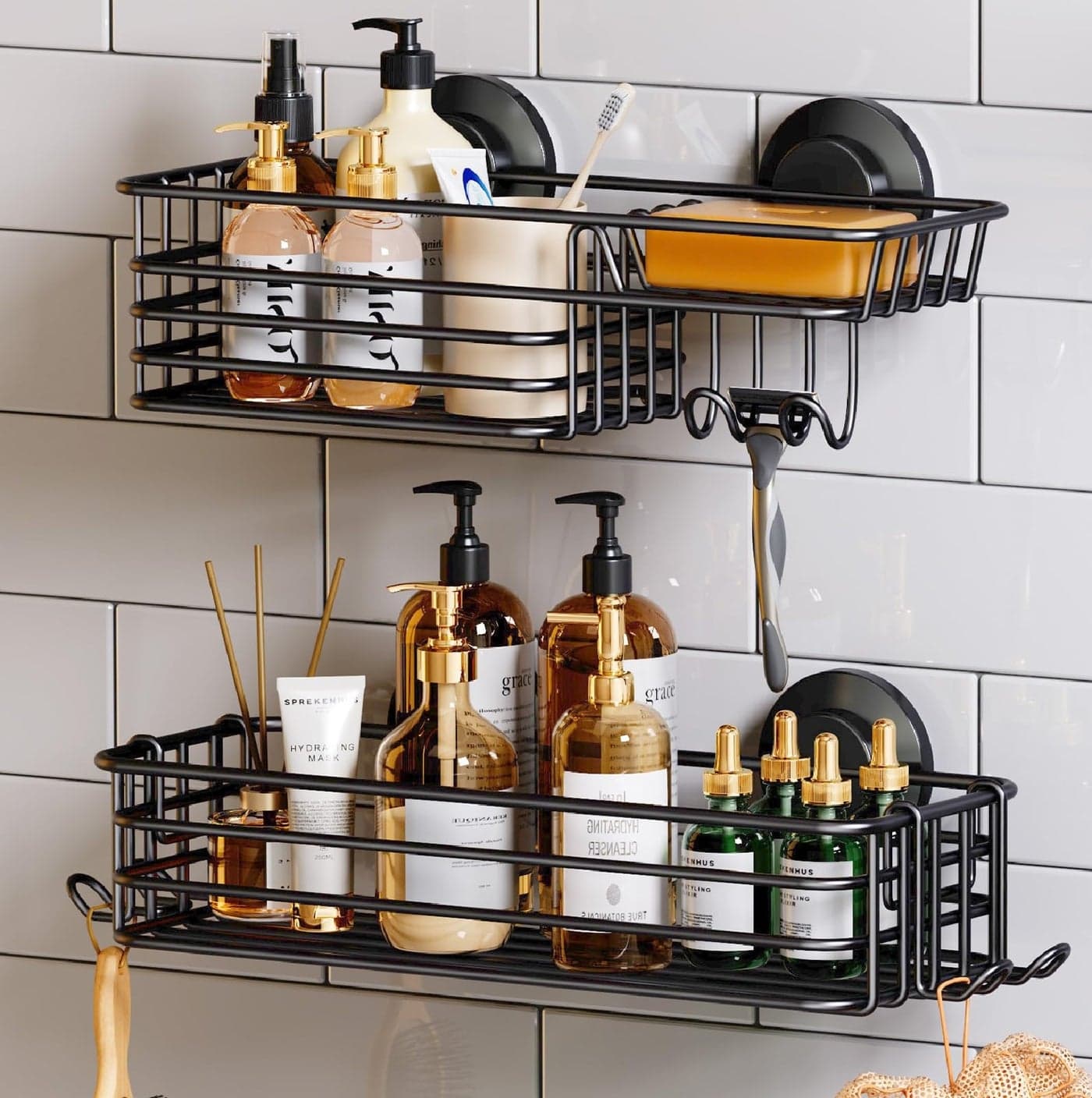 TAILI Shower Caddy Suction Cup 2 Pack with Hooks and Soap holder, Heavy Duty Shower Organizer for Bathroom, No Drilling Bathroom Organizer with Large Capacity, Black Metal Storage Basket
