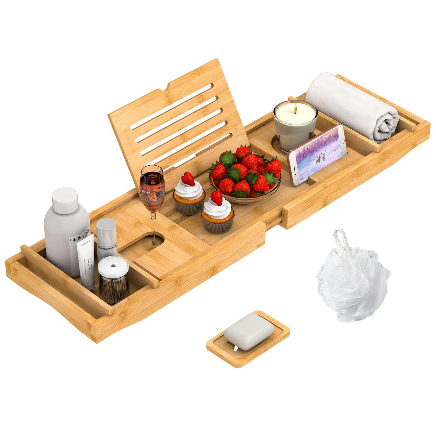 Bamboo Bathtub Tray for Luxury Bathroom Expandable Premium Bath Tray wSoap Towel Book Holder Adjustable Bath Accessories for TubExtendable Tub Tray wWine Glass Cup Organizer 295433 Nature