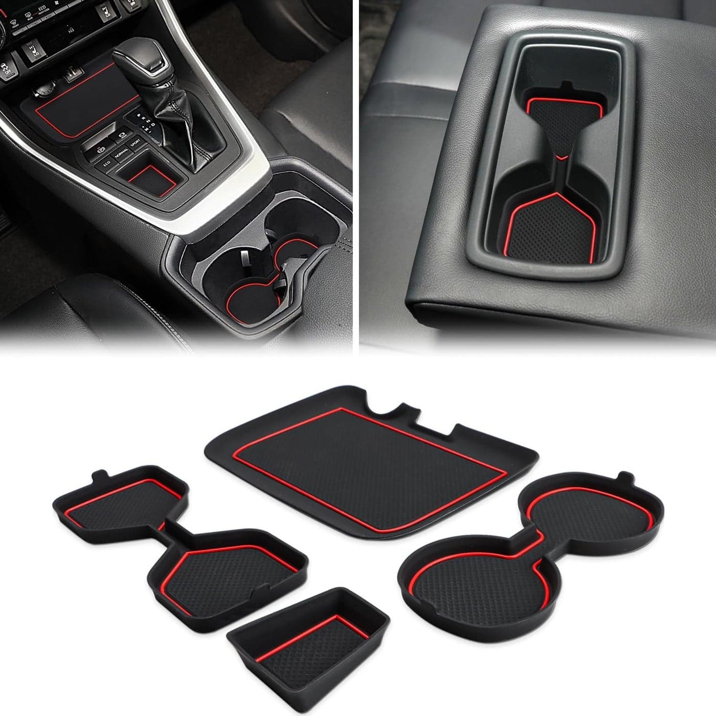 Auovo 3D Cup Holder Insert Liners for Toyota RAV4 (2019-2025) - 4-Piece Set with Red Trim