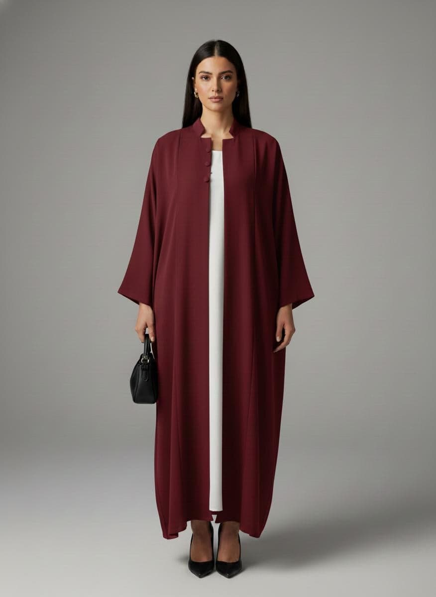 Signature Korean Nida Maroon Open Abaya Minimalist High-Neck Design