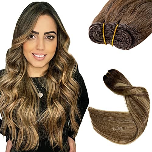 Sew in Hair Extensions Real Human Hair Ombre Brown and Caramel Blonde Highlights Balayage 120G 24 Inch Hand Tied Weft Human Hair Extensions