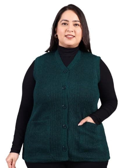 HIFZAA Plus Size Sweater for Womens Woolen Sleeveless Cardigan 3XL 4XL 5XL 6XL Bottle Green