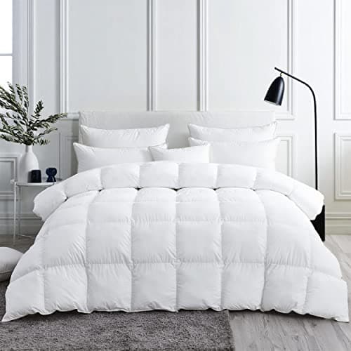 Luxurious White Solid Medium Weight Queen Size Goose Feathers Down Comforter for AllSeason Weather Duvet Insert Premium Baffle Box 100 Egyptian Cotton Cover 60 oz Fill Weight