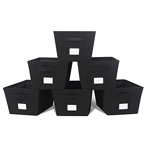 DOUBLE R BAGS Fabric Cloth Toy Storage Bins - Foldable/Collapsible Cubes Organizer Baskets With Dual Handles for Home Kids Bedroom With Transparent Label Pocket (Black, Set of 6)