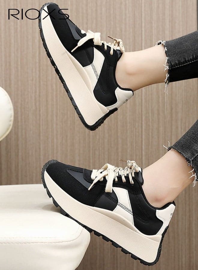 Women's Chunky-soled Sneakers, Breathable Low-Top Lace-Up Walking Shoes, Height-Enhancing, Lightweight, Non-Slip Rubber Soles, Stylish Patchwork Synthetic Leather, Comfortable, Cushioned, Versatile Round-Toe Mid-Heel Casual Shoes for Daily Wear, Outdoor Activities, Campus Life, Travel, and Work, Bla