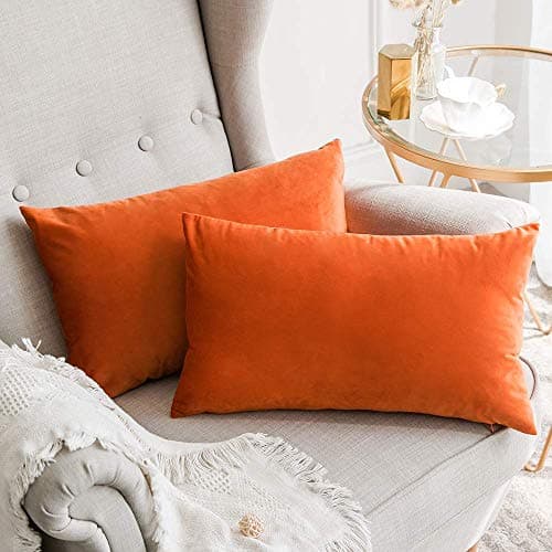 Khooti Rectangular Velvet Cushion Cover, 12x20 | Orange | Pack of 1 | Solid Plain Soft & Smooth, Decorative Cushion Covers for Living Room, Bedroom, Couches, Chairs, Sofas, Beds & Home Decor