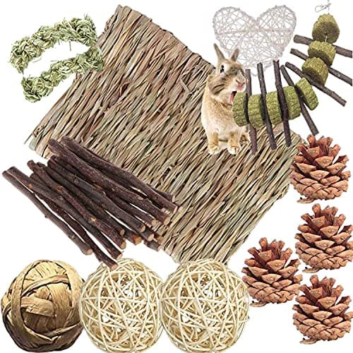 Bunny Hamsters Chew Toys Set Straw Woven Bed Mat Rabbit Pet Tooth Organic Natural Apple Wood Grass Cake Ideal for Chinchilla Guinea Pigs Syrian RatbirdsTeeth GrindingHmster Conejo22Pieces