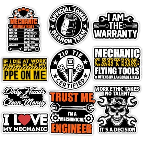 MAIANEY 10Pcs 3in Mechanic Sticker Pack for Toolbox Garage Laptop Funny Mechanic Decals Set Shop Humor Stickers for Car Water Bottle Hard Hat Durable Waterproof Vinyl