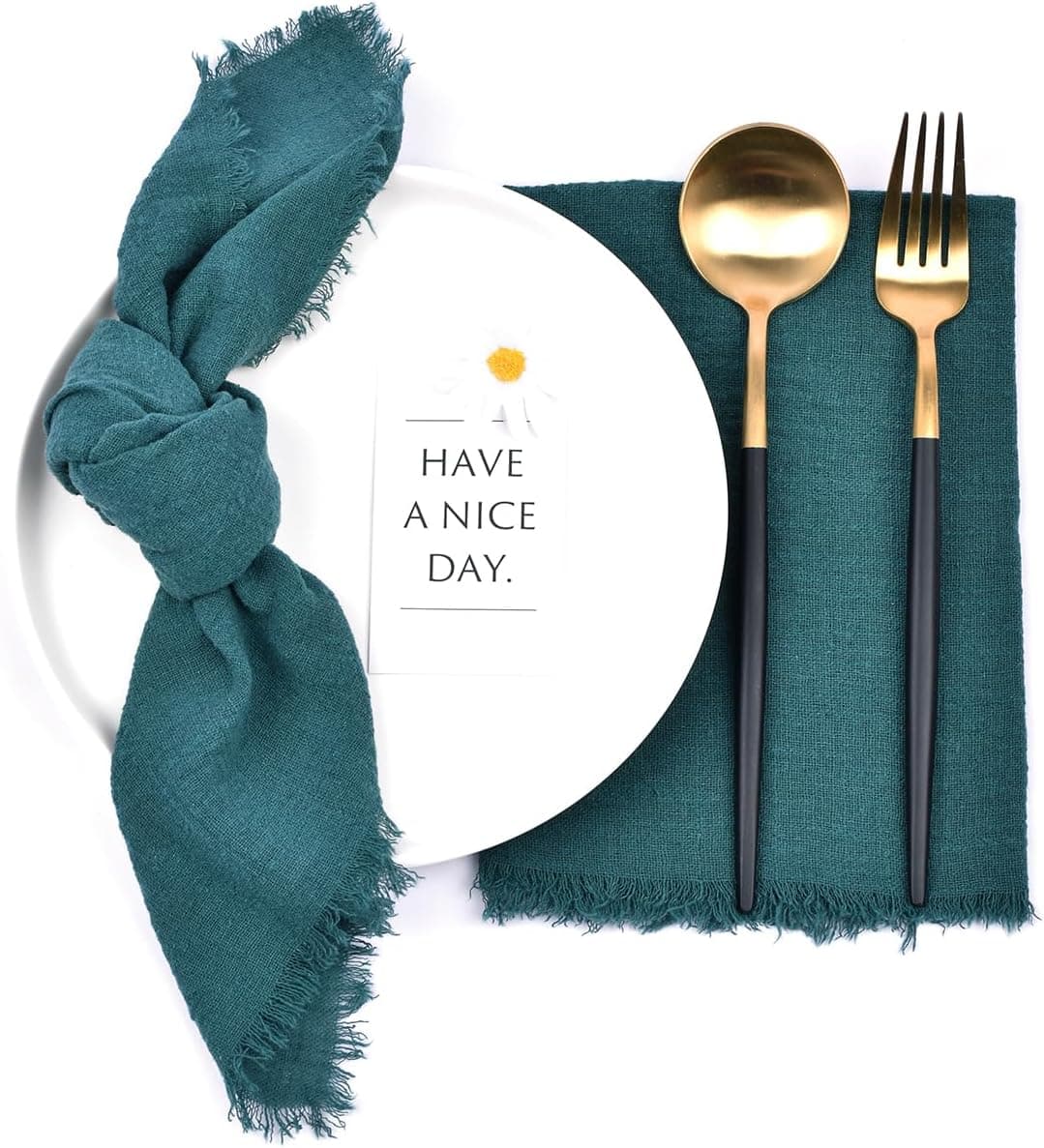 Joanlody Emerald Green 10 Pack Handmade Cloth Napkins Cotton Linen Easter Spring Napkins with Fringe Rustic Bulk Dinner Napkins for Wedding Party Baby Shower Table Decor