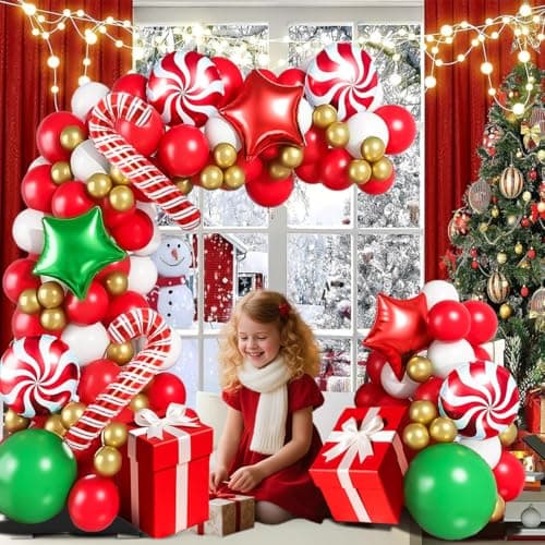 129Pcs Christmas Balloon Garland Arch Kit Red Green White Gold Balloons with CandyRed Star Green Star Cane Foil Balloons for New Year Xmas PartyBirthdayBaby Shower Decorations