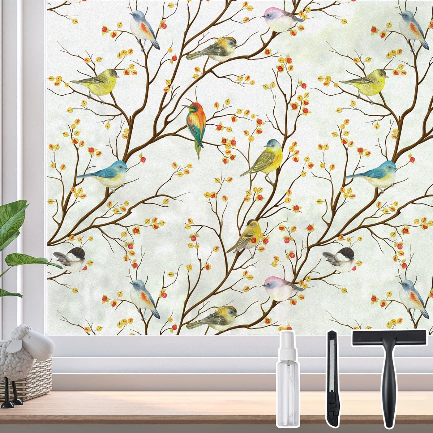 DKTIE Privacy Window Film Decorative with Installation Tools Frosted Bird Glass Film Static Cling Opaque Window Stickers for Door Glass Bathroom Kids Study Room 354In by 787In