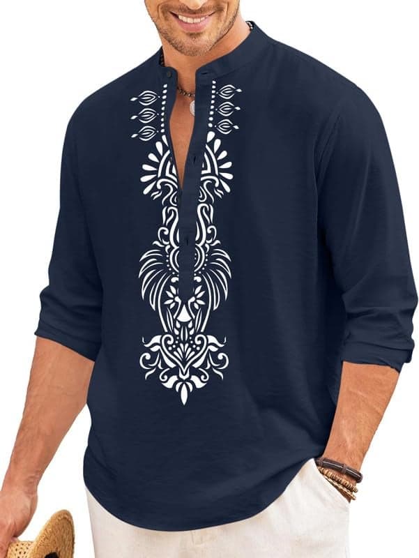 FINIVO FASHION Men’s Cotton Blend Short Kurta with Bold Printed Front Design | Full Sleeve Ethnic Casual Kurta with Mandarin Collar | Artistic Festival & Travel Wear for Modern Ethnic Style Navy