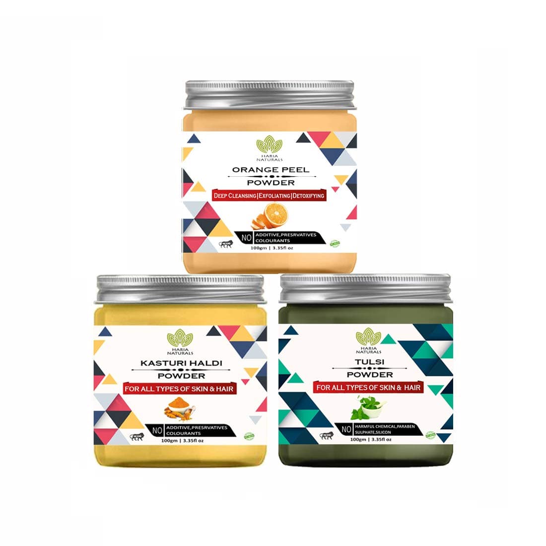 Haria Naturals 100 Pure Naturals Orange Peel Powder 100gm Kasturi Haldi Powder 100gm Tulsi Powder 100gm Pack Of 3 300GM