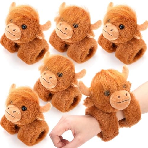 Vinsot 6 Pcs Highland Cow Stuffed Animal Slap Bracelets Party Favors Wrist Slap Band Cute Plush Animal Wristbands for Stress Relief Kids Boys Girls Back to School Carnival Prizes Gift