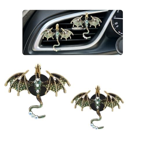 ORIESSE Dragon Car Accessories 2pcs Bling Dragon Car Air Freshener Vent Clips Cute Alloy Dark Green Enamel Wyvern Vent Clip Decorations Refillable Essential Oil Diffuser