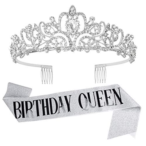 VELSCRUN Tiara for Women Silver Happy Birthday Queen Tiara Crown for Girls with Birthday Girl Sash Crowns for Women with Rhinestone