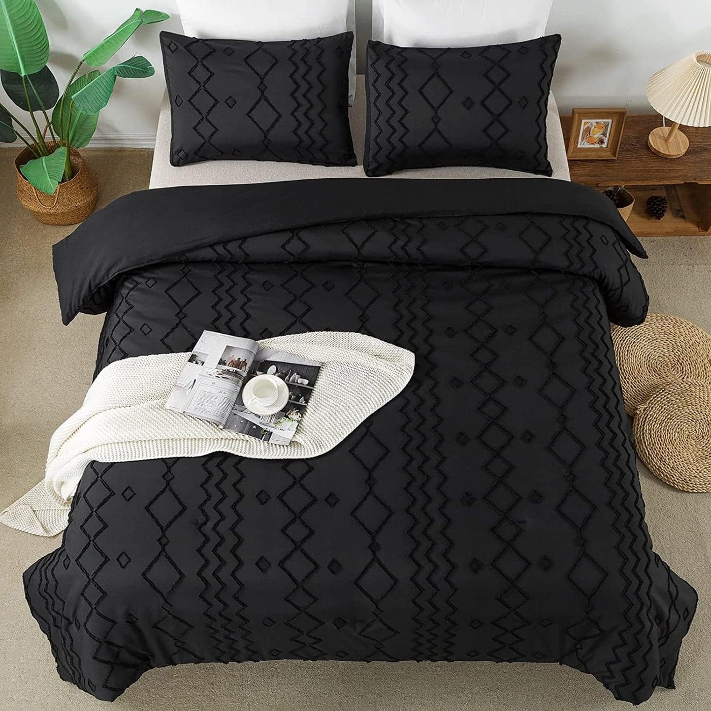 Andency Black Tufted Comforter Set Queen90x90Inch 3 Pieces1 Tufts Comforter 2 Pillowcases Boho Textured Farmhouse Bed Set Microfiber Down Alternative Geometric Bedding