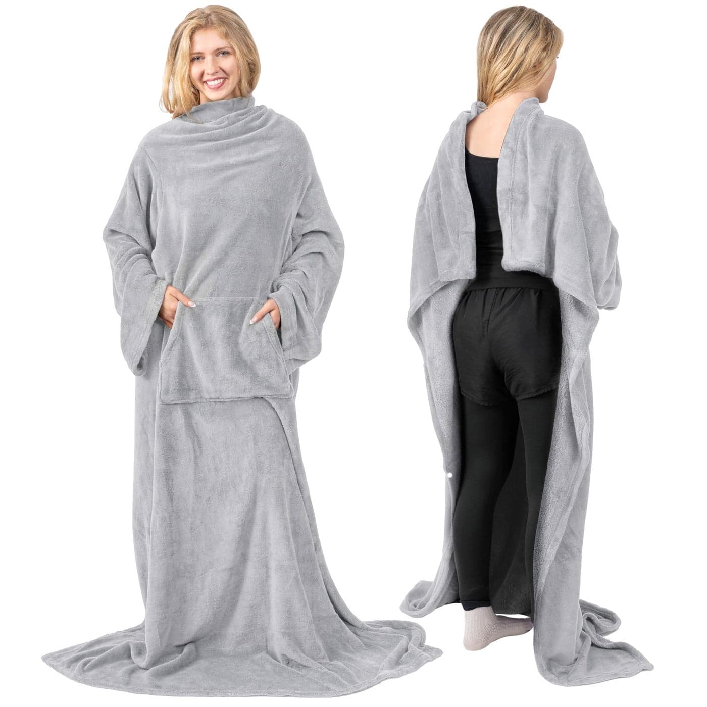 PAVILIA Light Grey Fleece Wearable Blanket with Sleeves for Adults Women Men Soft Warm Full Body Wrap Throw Sweatshirt Pocket Cozy Pullover Robe Blanket with Arm Gifts for Christmas Mom Wife