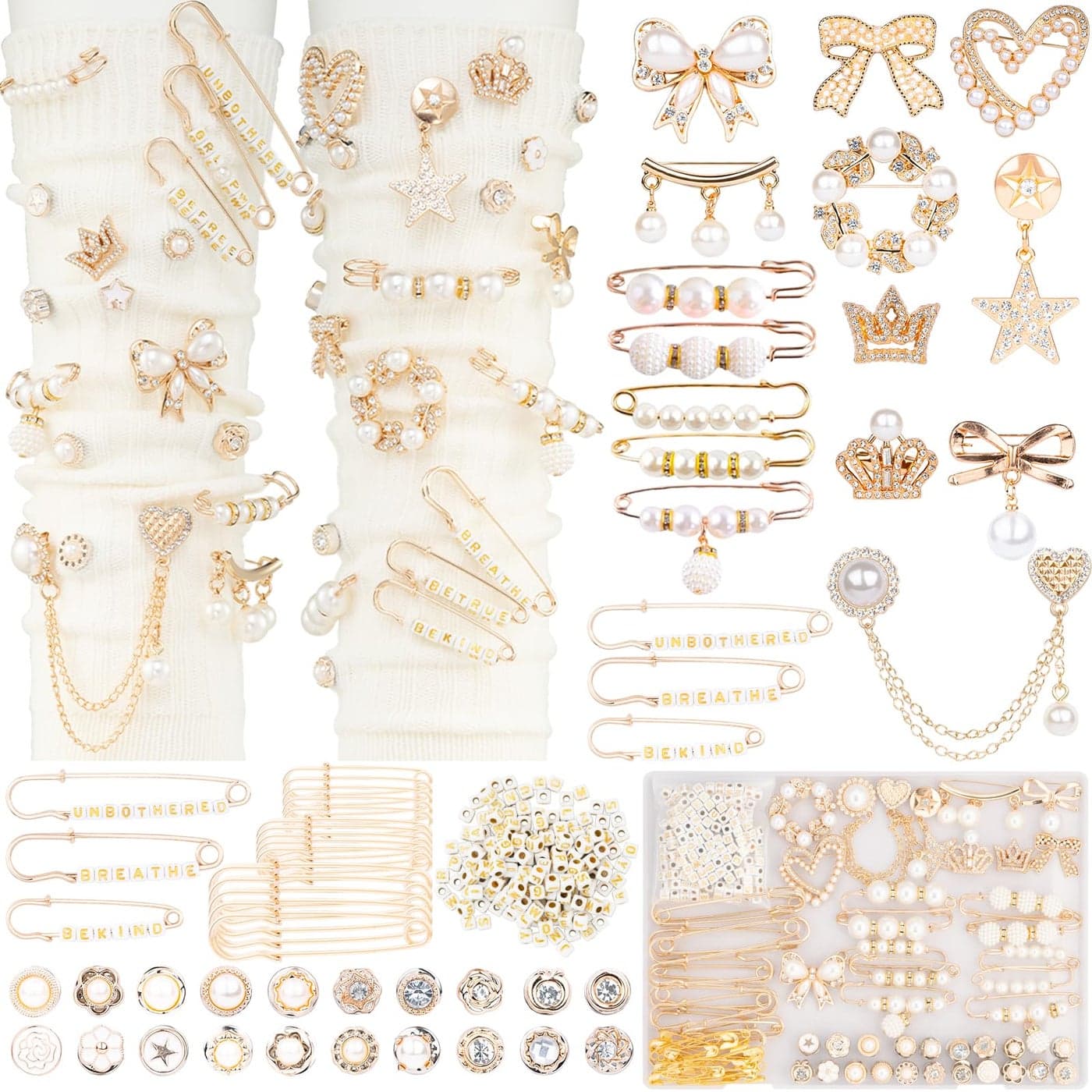 DoDoBeads 335 Pcs Junk Socks Charms Kit with Letter Beads Gold Charm for Socks and Sneakers Brooches and Pins for Women Charms for Sock Safety Pin Junk Charm with Pearl Rhinestone