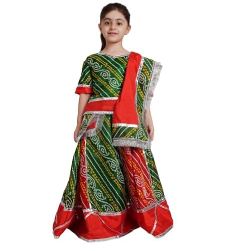 Kaku Fancy Dresses Girl's Indian State Rajasthani Folk Dance Farmer Costume For Kids/Silk Readymade Lehenga Choli Dupatta Set -Red, 7-8 Years