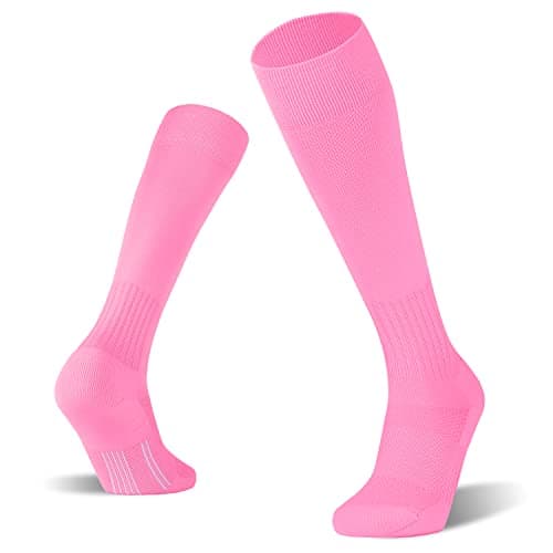 FITRELL 2/3 Pack Soccer Socks Baseball Softball For Youth Kids Boys Girls, Over-The-Calf Football Socks for Adult Men Women, Pink,Small