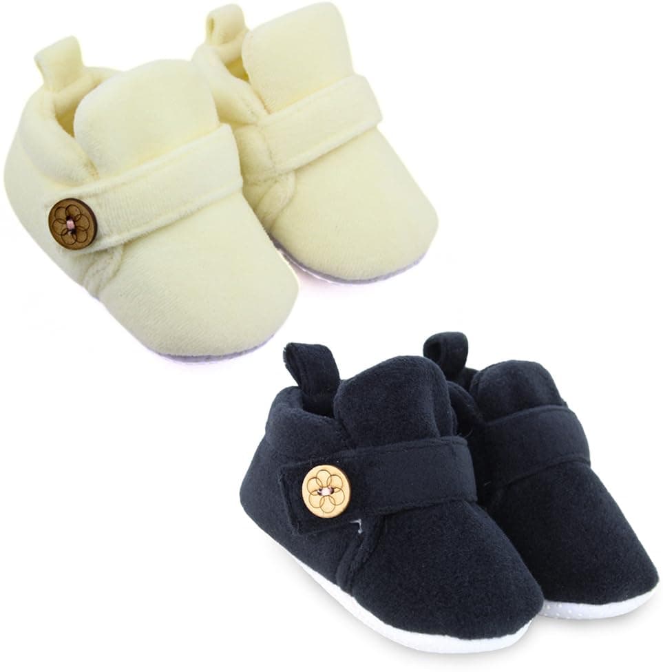 Neska Moda Set Of 2 Pair Baby Boys & Baby Girls 6 To 12 Months Velvet Hook & Loop Booties (Black,Off-White)-BT781andBT3624