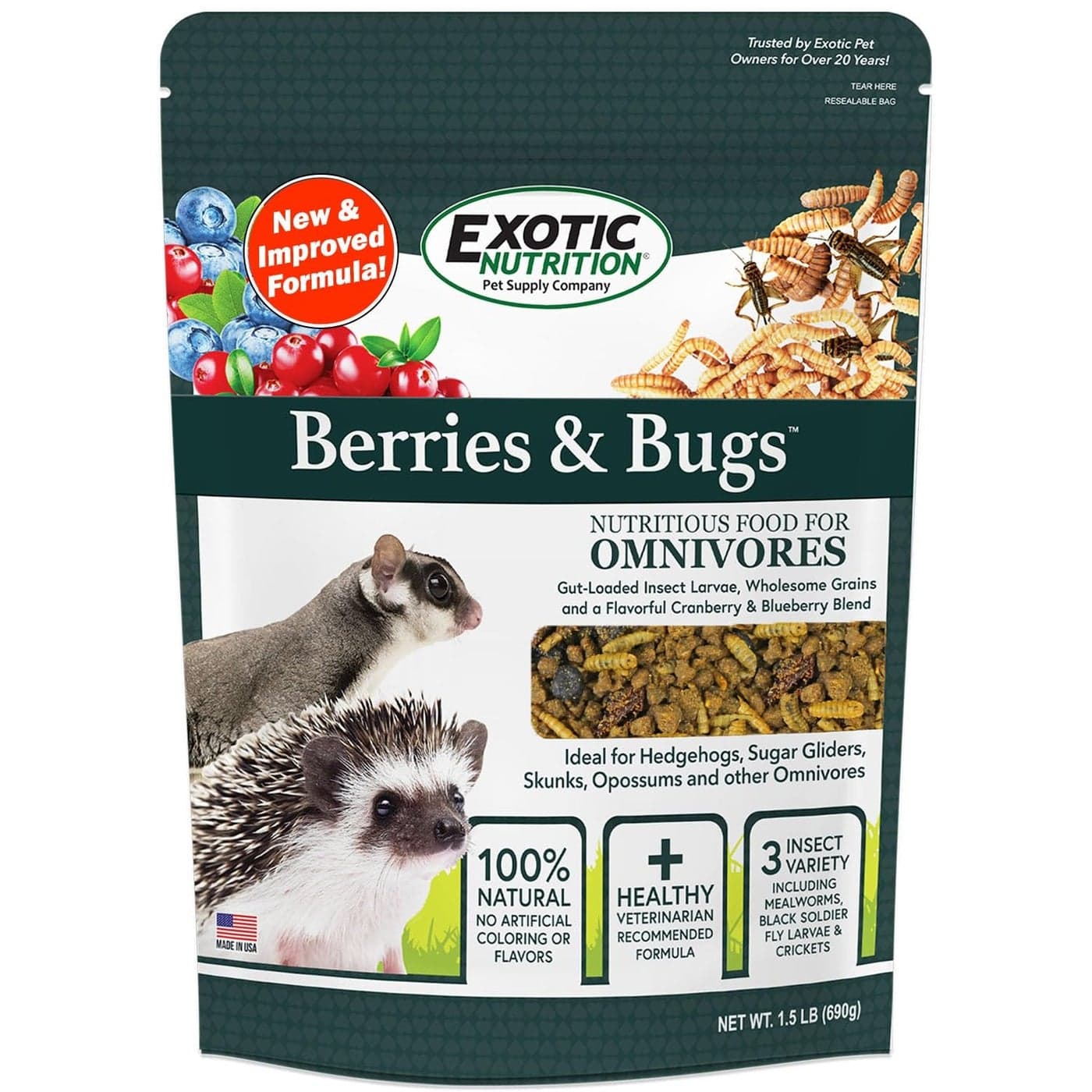 Berries & Bugs - All Natural High Protein High Fiber Food for Hedgehogs, Skunks, Opossums, Sugar Gliders - Universal Insectivore Diet with Fruit, Gut-Loaded Insects, & Healthy Vitamins (1.5 lb)
