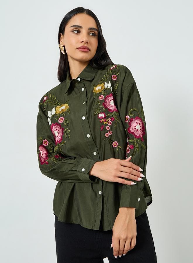 Green Floral Embroidered Shirt