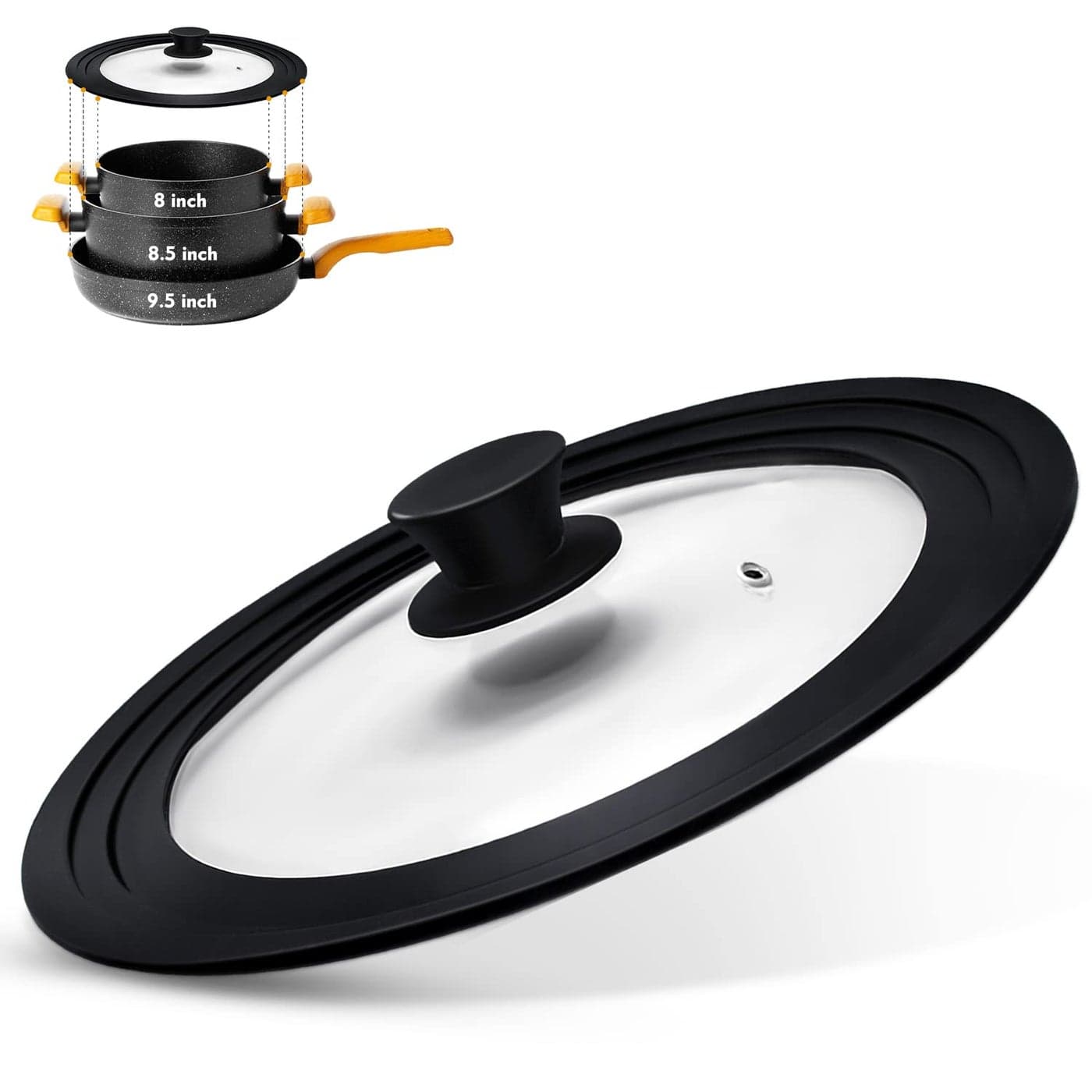 Ydeapi Universal Lid for Pots Pans and Skillets Pot Lid With Heat Resistant Silicone Rim and Tempered Glass Fits 8 85 95 Diameter Pots and Pans