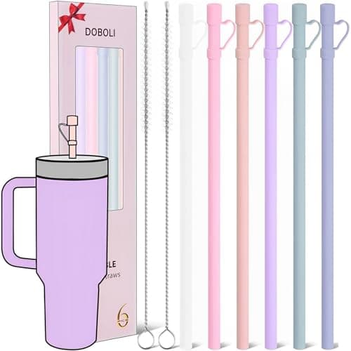 Reusable Replacement 12 inch Long Silicone Straw With Cover, Stocking Stuffers Gifts for Women Men Teens Girls Boys, Compatible with Stanley Tumbler Cup Accessorie 40 oz 30 oz (6 Pack)